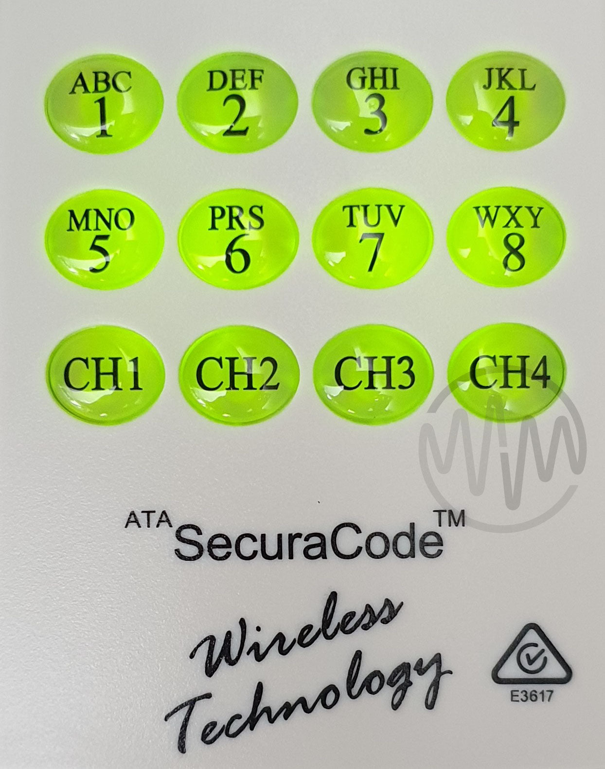 Close up view of ATA SecuraCode keypad buttons with green back light