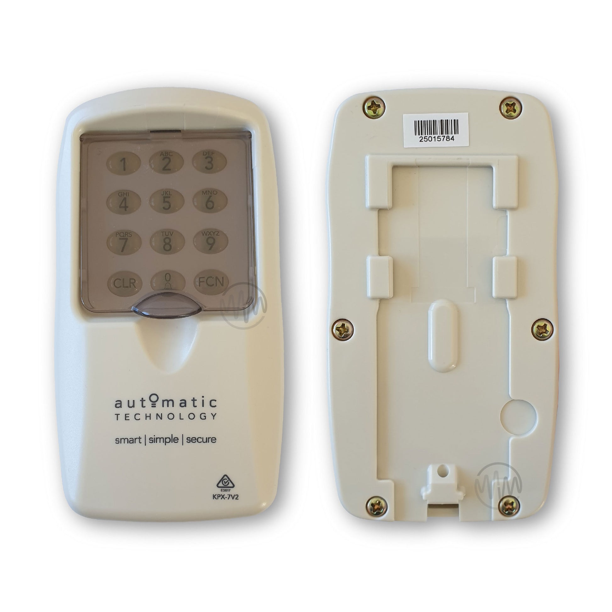 Automatic Technology KPX-7V2 branded cream keypad for garages & gates front & back view