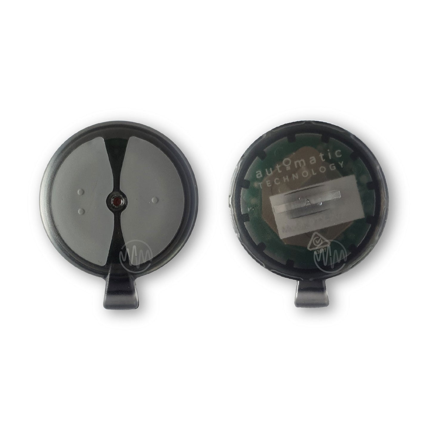 ATA PTX-2v2 garage & gate remote with frosted grey round case & 2 grey buttons front & back view