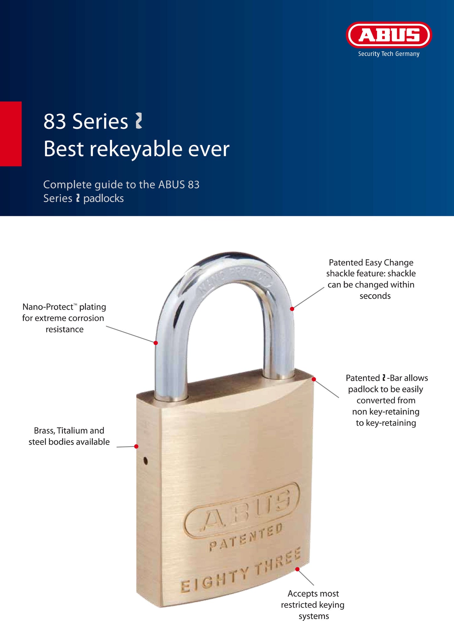 Abus 83 series brass padlock pamphlet detailing materials & features