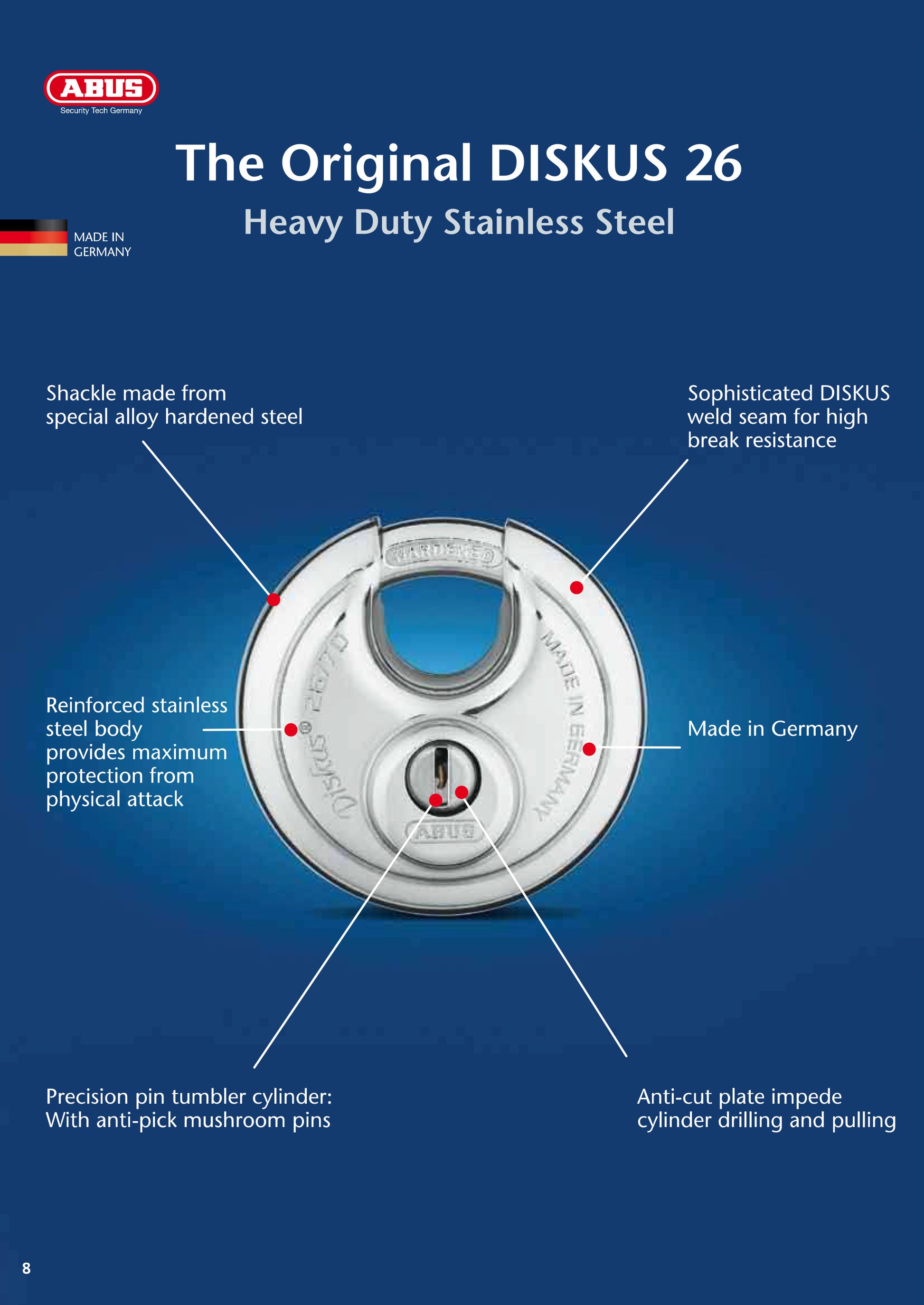 Abus Diskus 26 Alloy Steel padlock pamphlet detailing materials & features