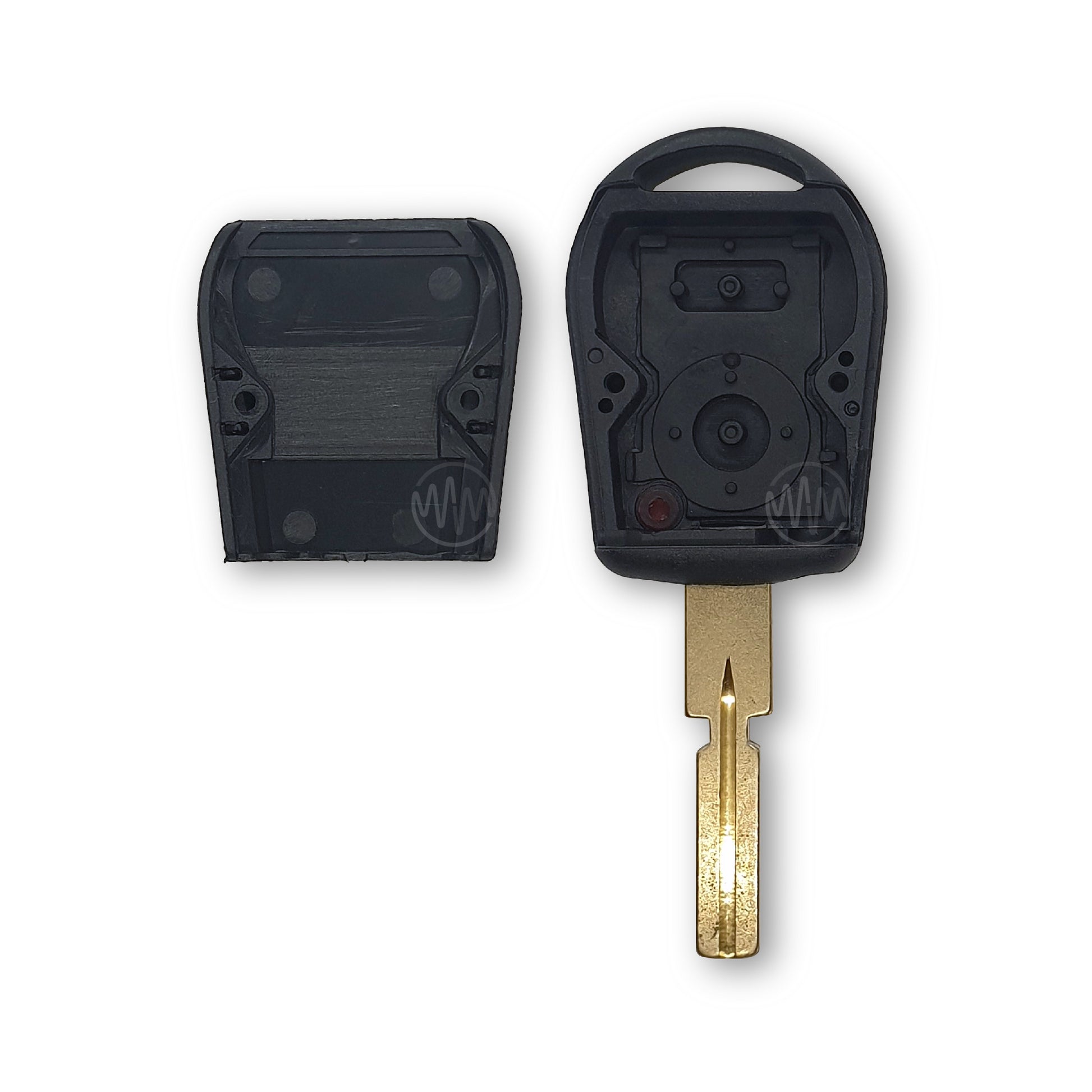 Inside of replacement black car key shell with metal key blade attached for BMW