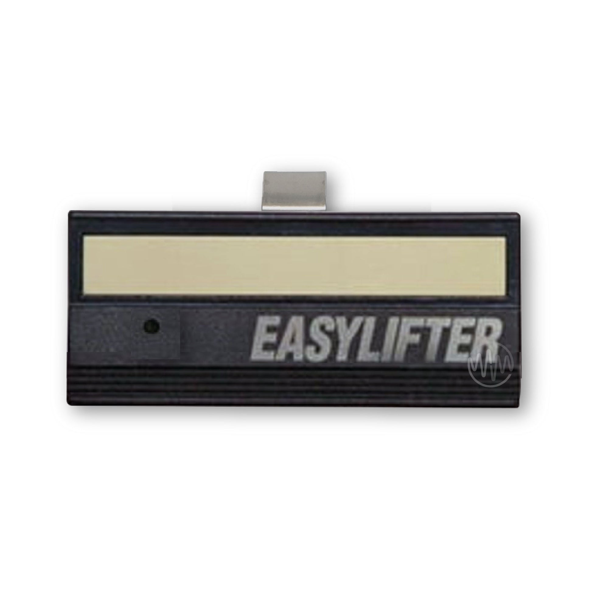 Easylifter branded black sun visor remote with bottom ribbing & long single white button