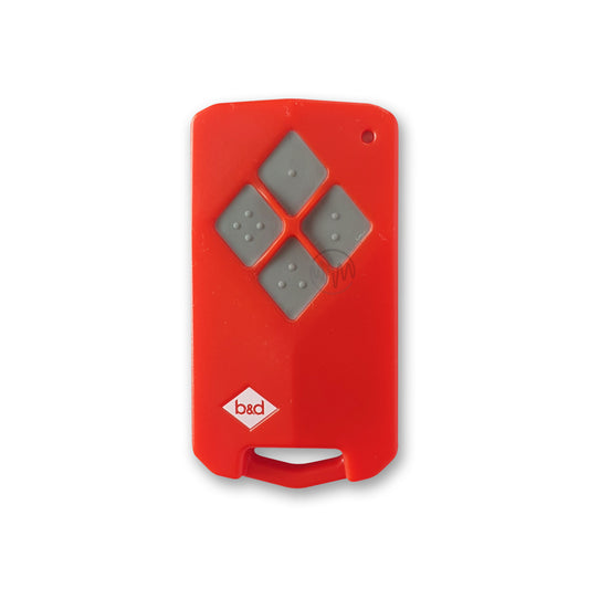 B&D TB5V2 red garage door remote with 4 grey rubber diamond shape buttons