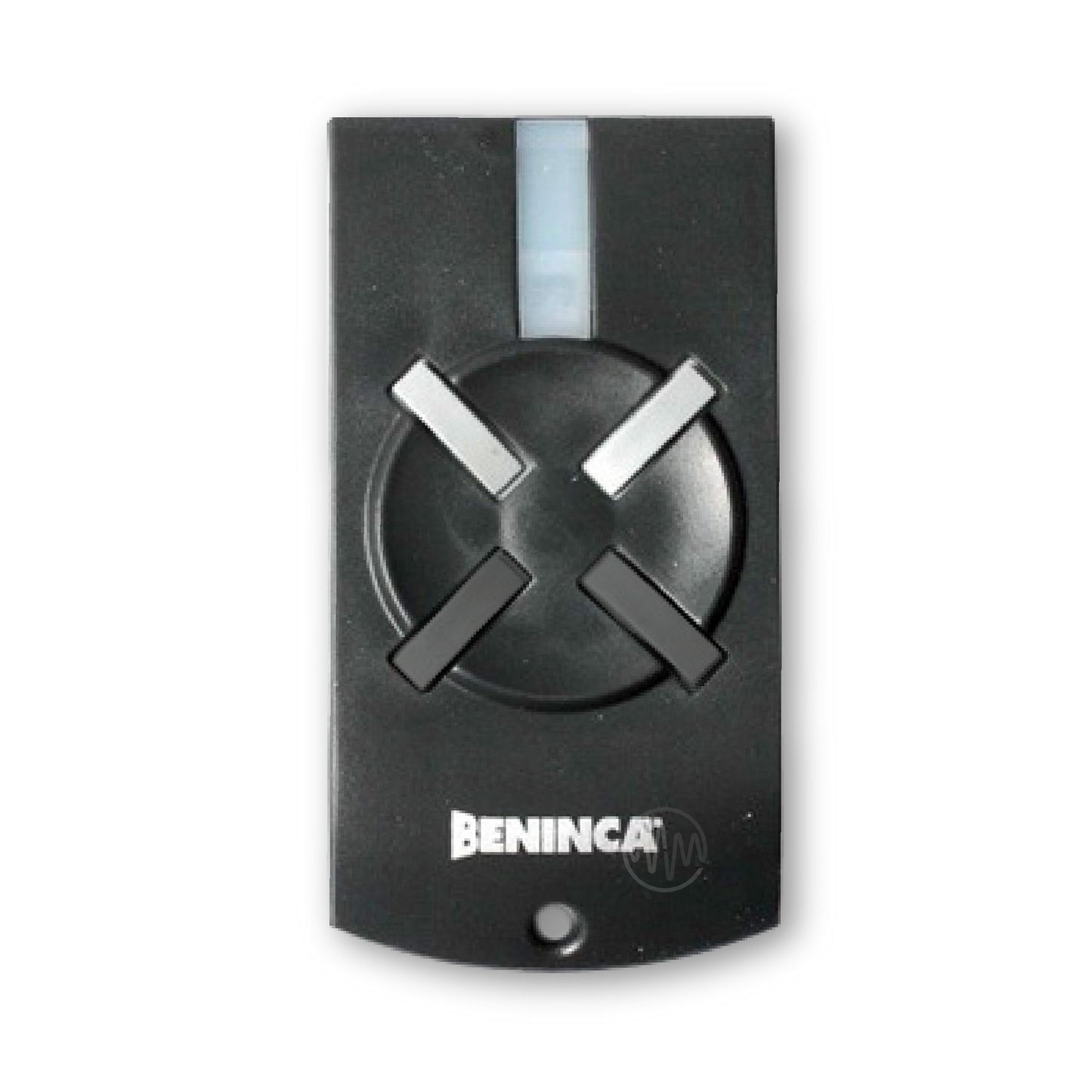 Beninca branded black rectangle gate remote with round raised front & 2 white & 2 black angled rectangle buttons off it