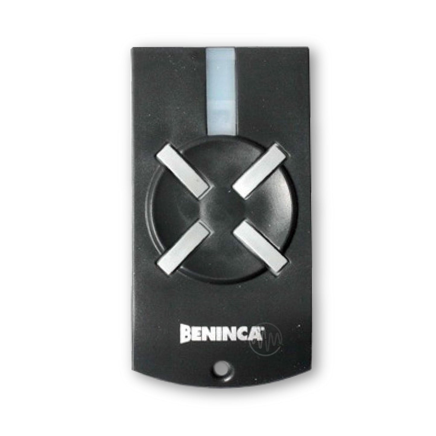 Beninca branded black rectangle gate remote with round raised front & 4 white angled rectangle buttons off it