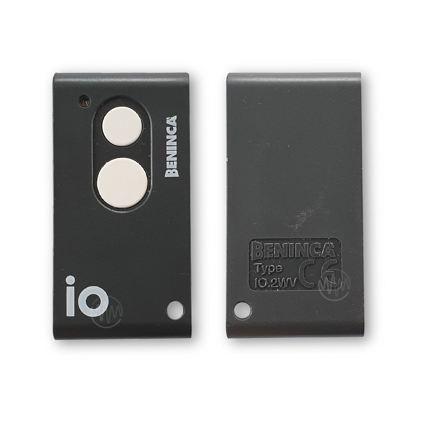 Front & Back of Beninca small grey rectangle gate remote with iO printed on front & 2x white round buttons