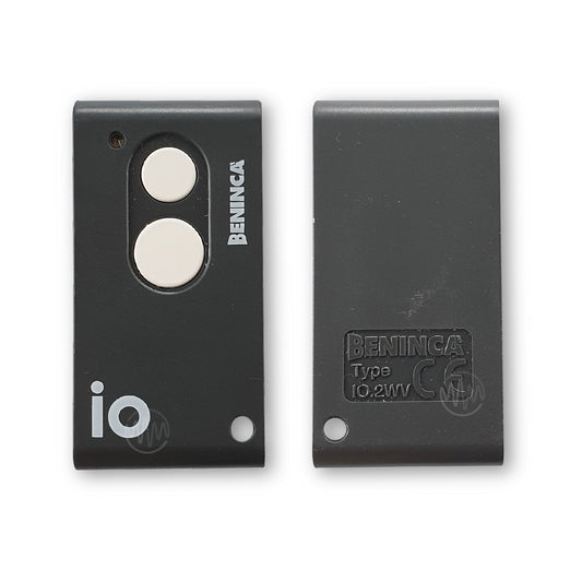 Front & Back of Beninca small grey rectangle gate remote with iO printed on front & 2x white round buttons