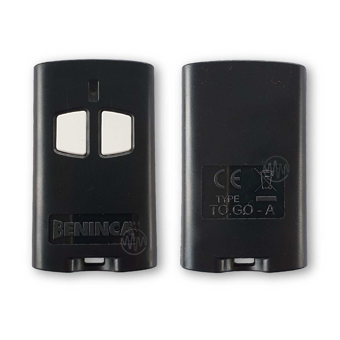 Beninca branded To.Go-A black rectangle gate remote with 2 white buttons front & back