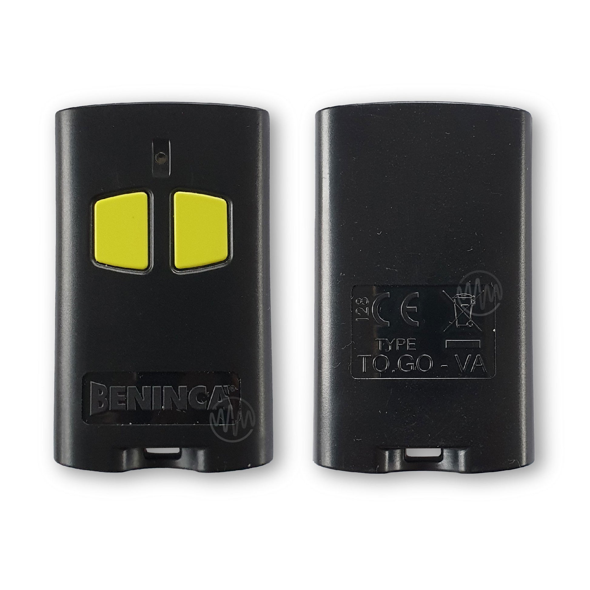 Beninca branded black gate door remote with 2 segmented lime green buttons