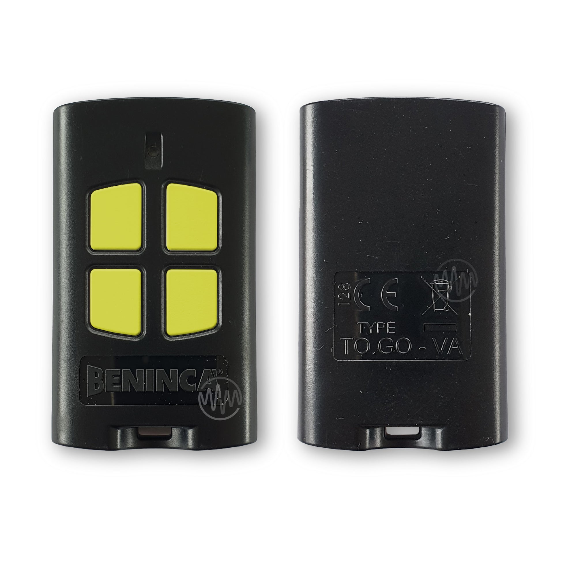 Front & back view of Beninca branded black gate door remote with 4 segmented lime green buttons