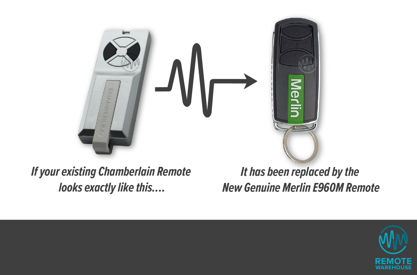 Chamberlain silver oblong remote is replaced with updated Merlin E960M black & silver garage & gate remote