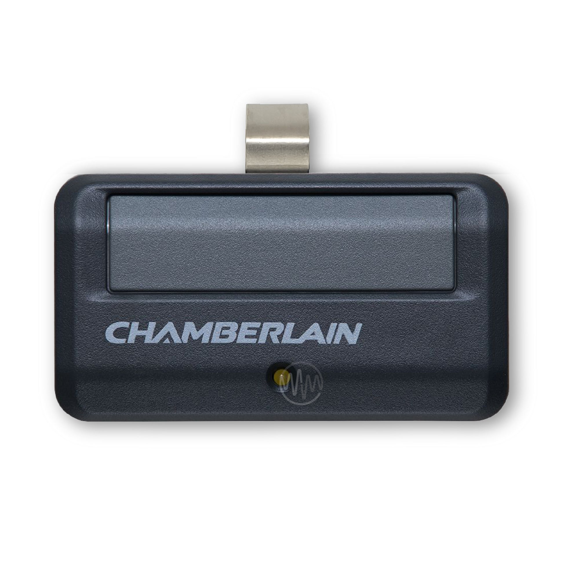 Chamberlain branded black sun visor style garage door remote with single long grey button