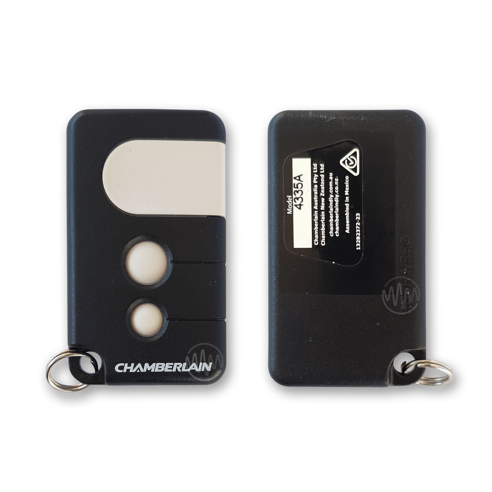 Front & back of Chamberlain branded black rectangle 4335A remote with 1 large white button & 2 small white circle buttons