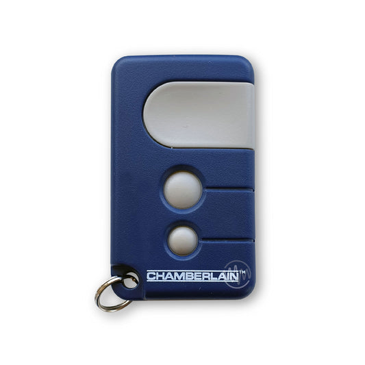 Chamberlain branded dark blue key ring garage door remote with 2 white round buttons underneath a large white button