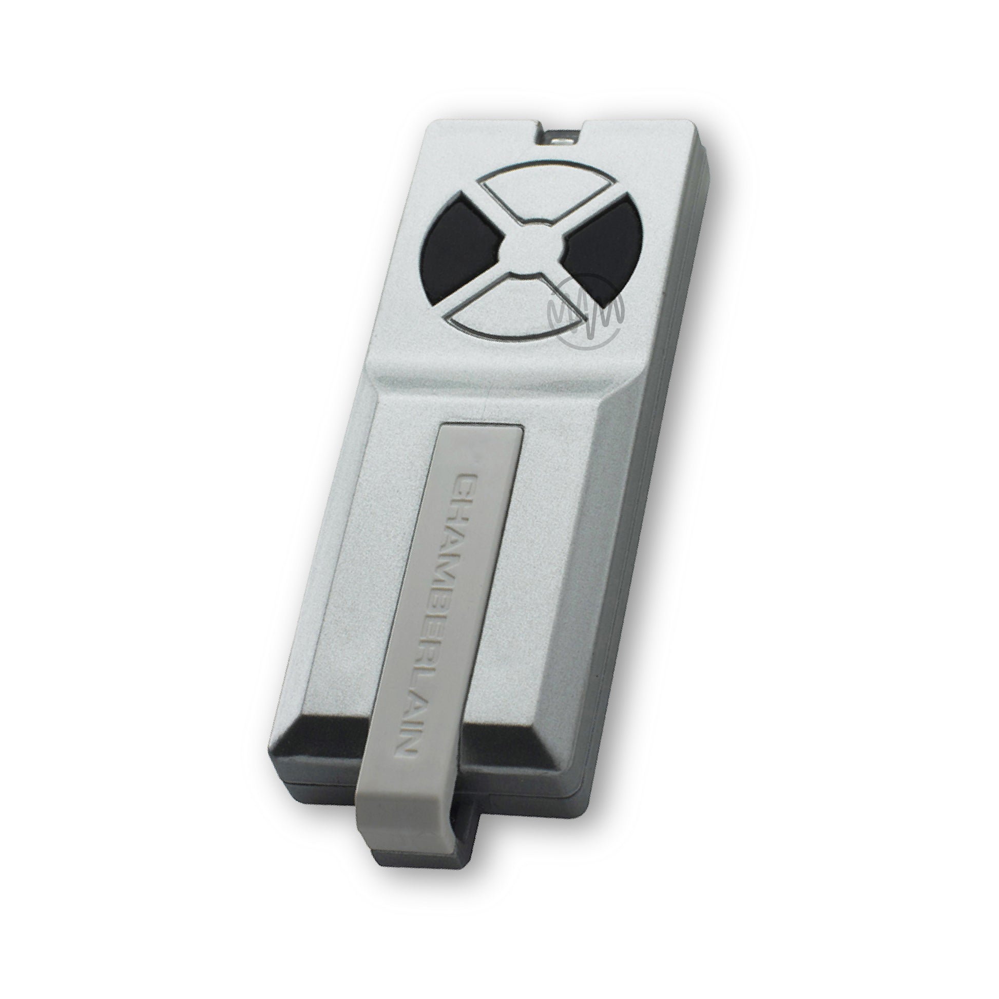 Chamberlain branded E950C long silver rectangle garage & gate remote with 4 segmented buttons 