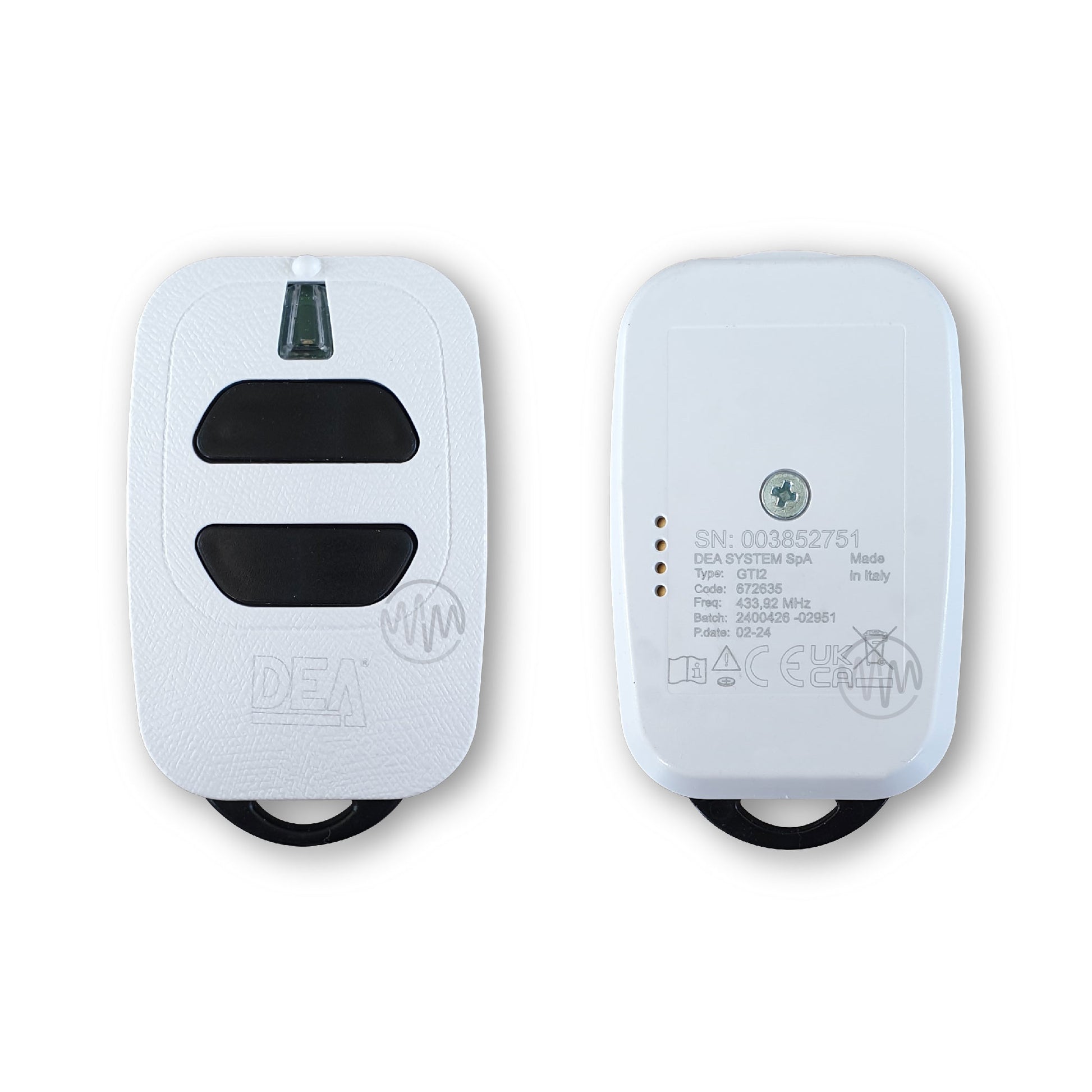 Front & Back view of DEA GTI2 white 2 button garage & gate remote