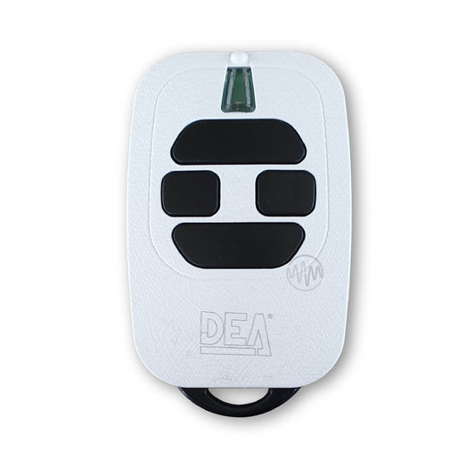 DEA GTI4 garage & gate remote has white textured case with 4 black buttons