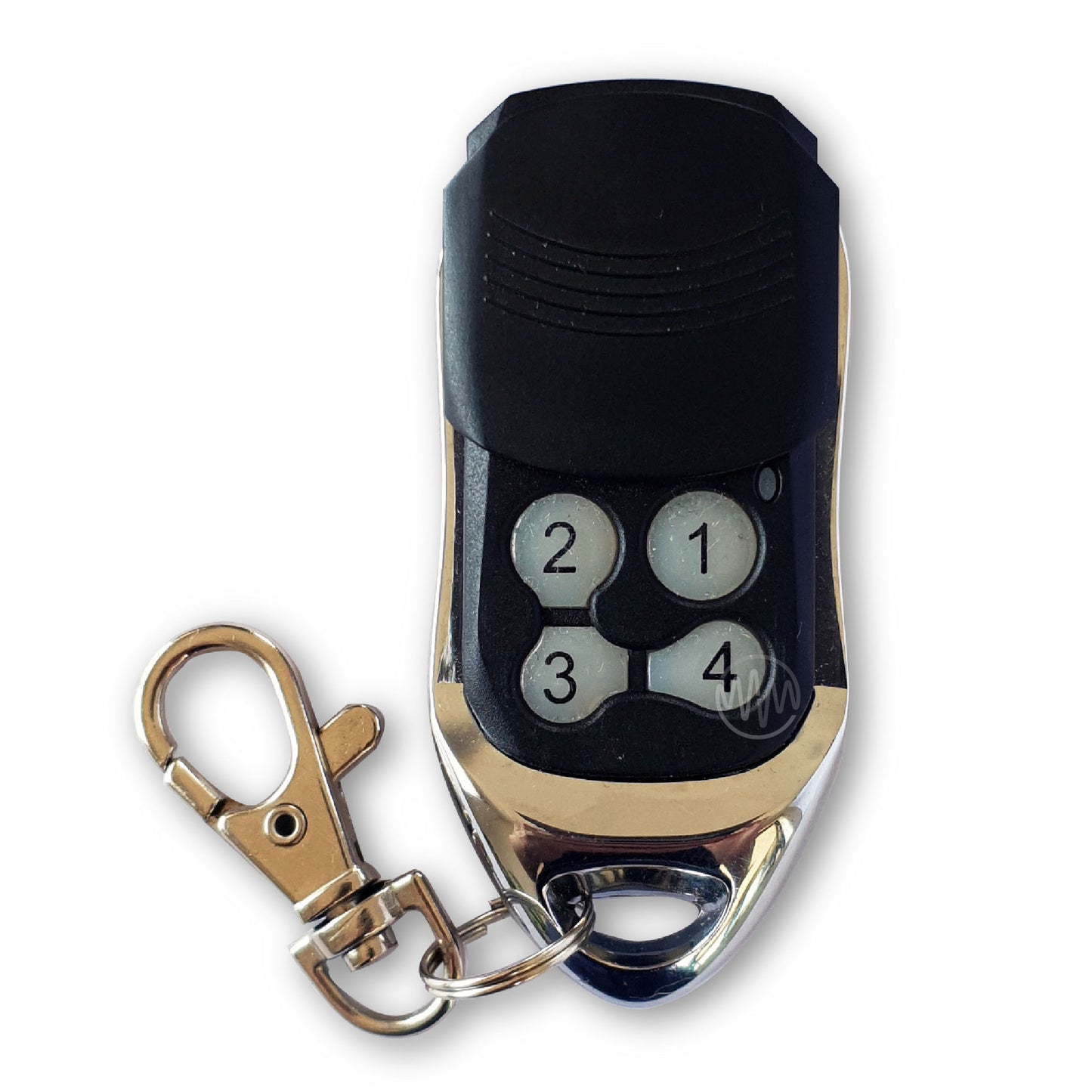 Doorhan compatible chrome & black garage remote with black slide cover & 4 numbered buttons