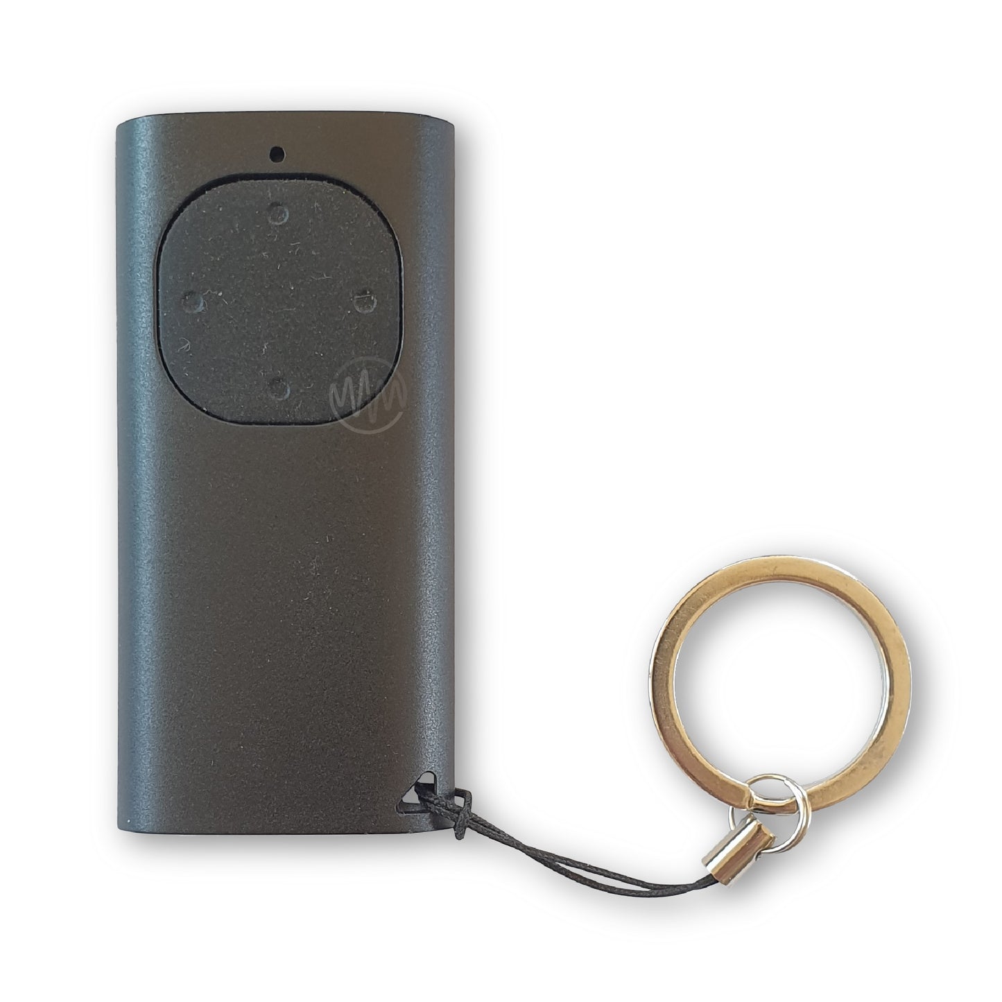 Long black oblong ET Door garage door remote with rounded octogen rubber button panel & key ring 