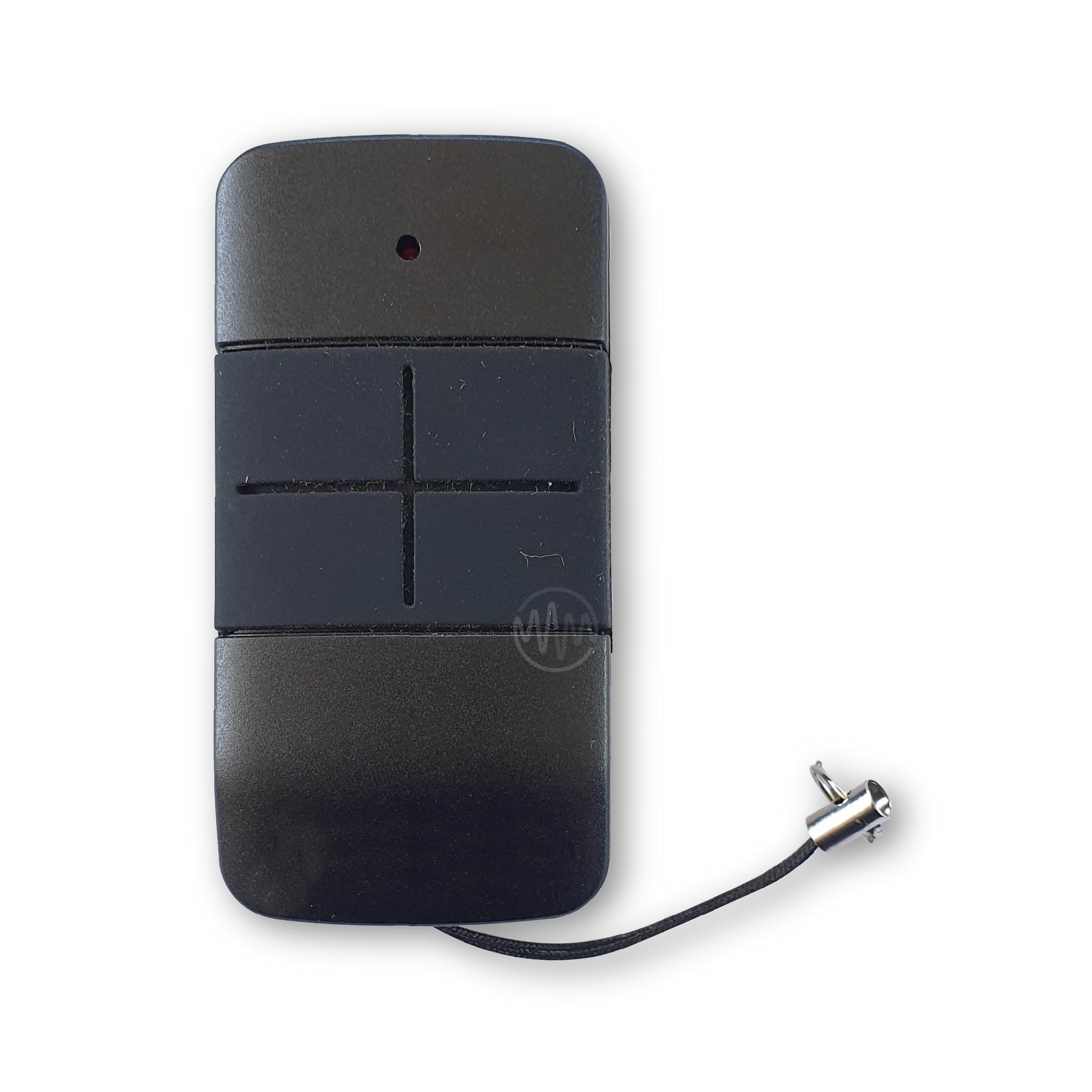 black oblong ET Door garage door remote with large central rubber button panel divided into 4