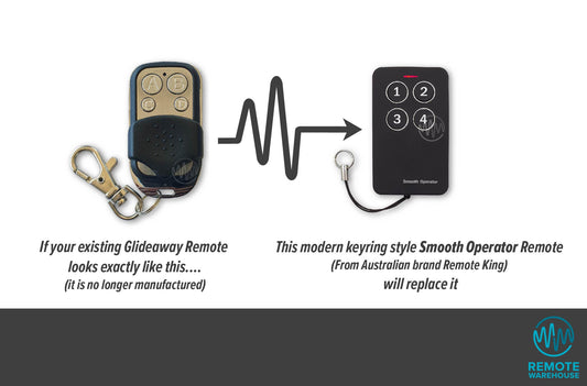 Glideaway GDS1000N silver & black garage remote with ABCD buttons & slide cover is replaced by Smooth Operator black & silver remote