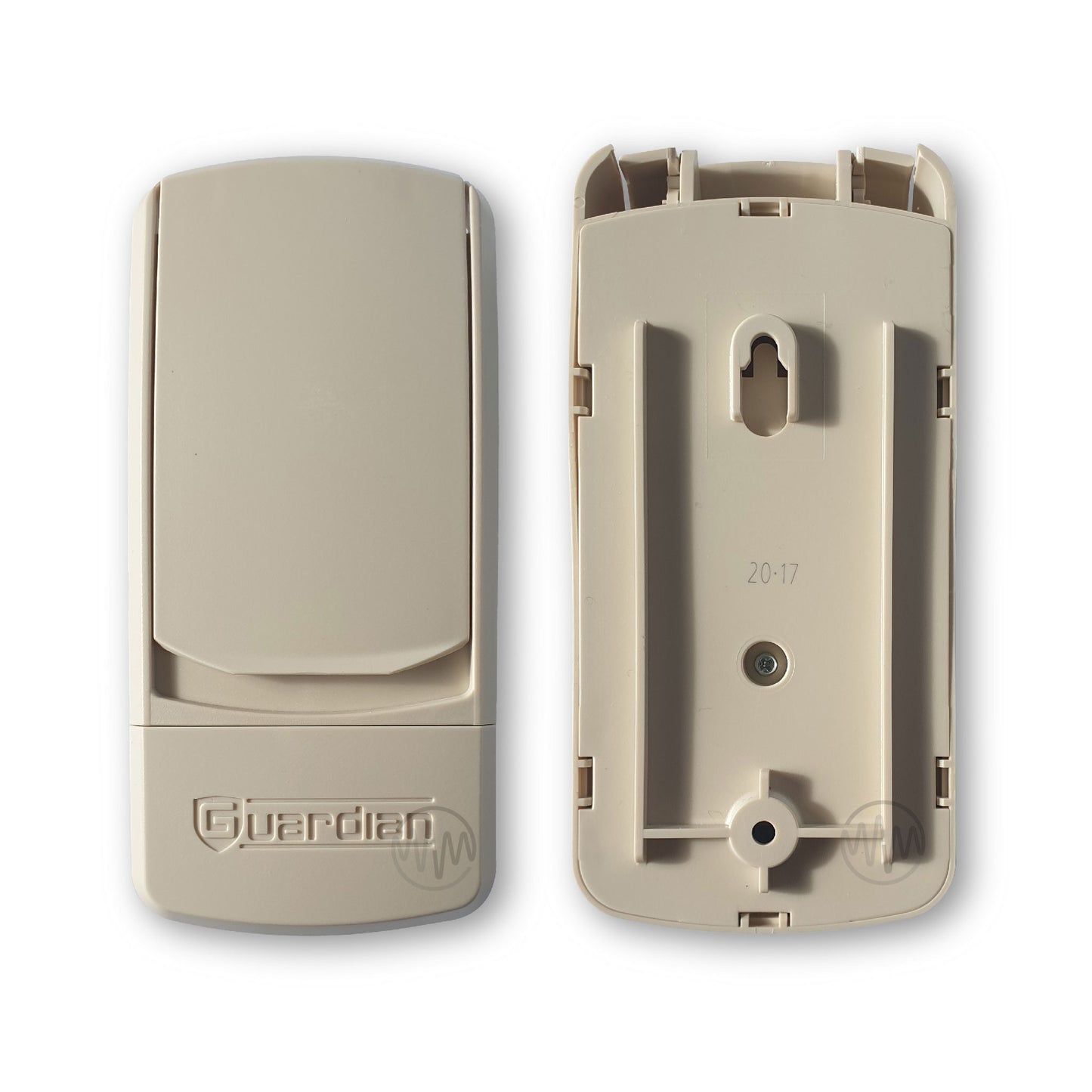 Front & back of beige Guardian WKCC garage  door keypad with cover down