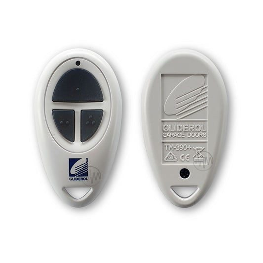 White egg shaped Gliderol TM-390+ garage door opener with 3 grey buttons