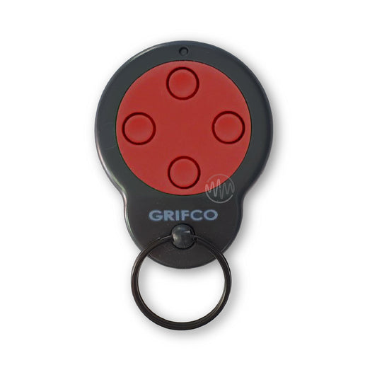 Round, black & dark red Grifco branded garage & gate remote control with 4 red circle buttons