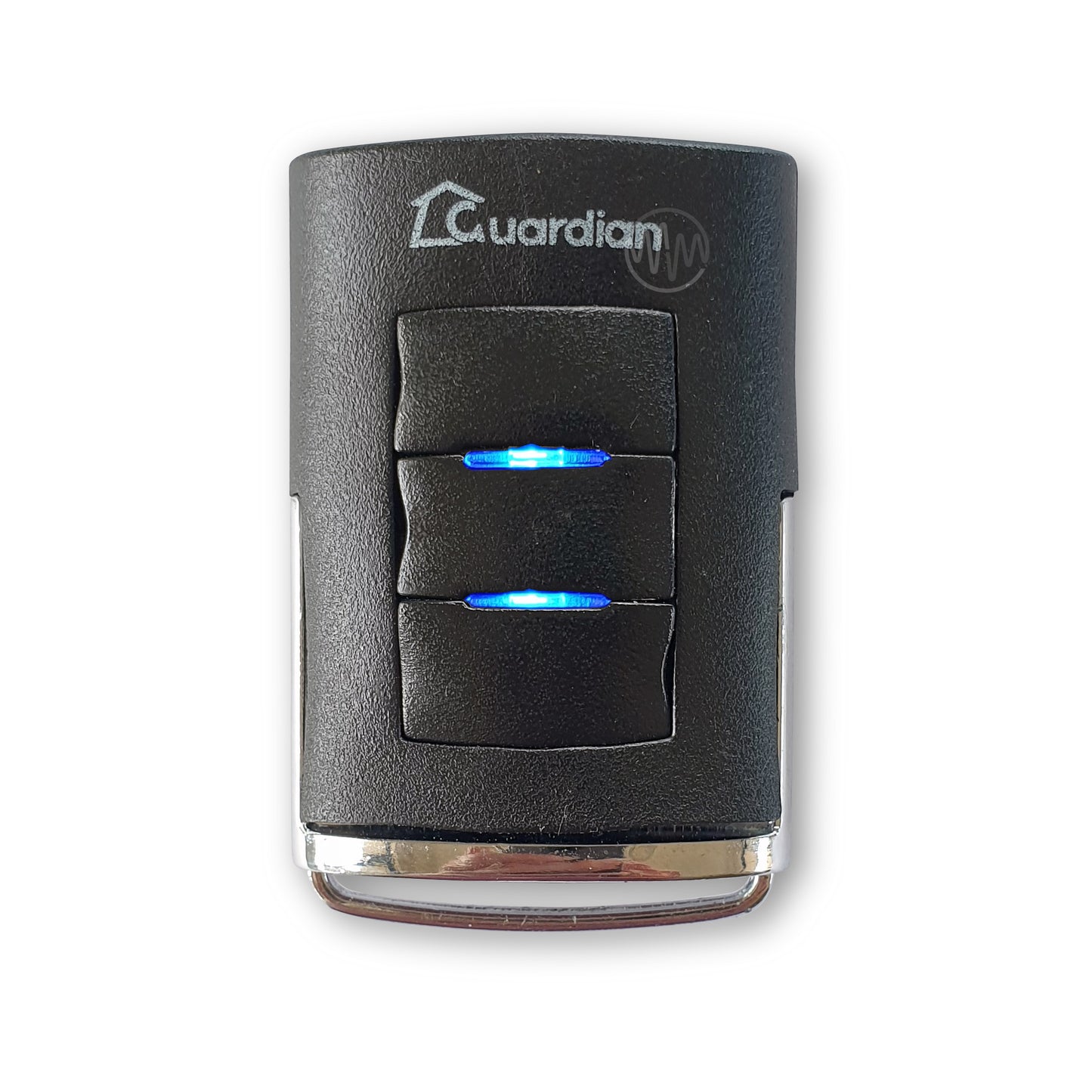 Guardian branded black 3 button sun visor style garage door remote with blue led & 3 rectangle buttons