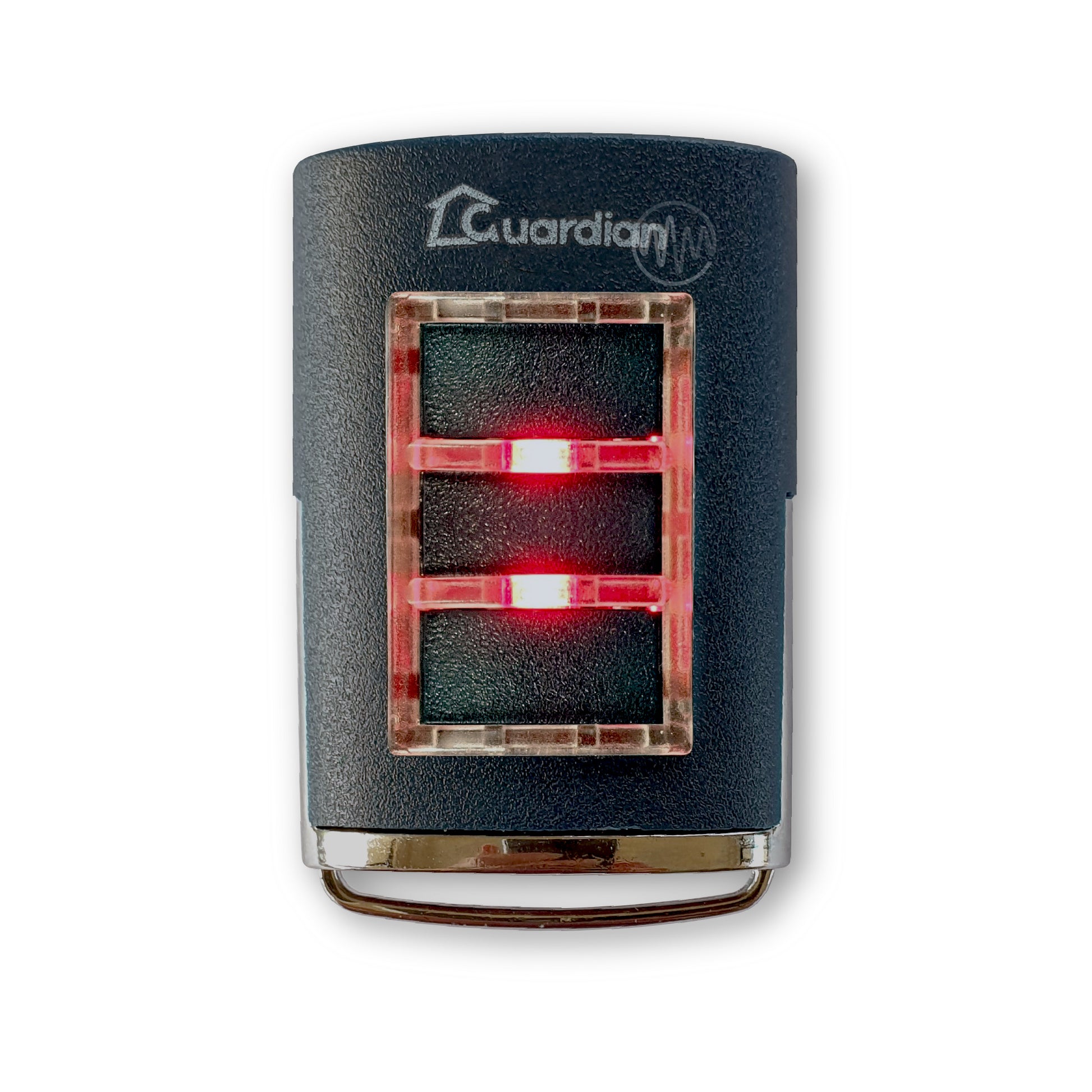 Guardian branded black 3 button remote with red led light outlining the rectangle row of buttons