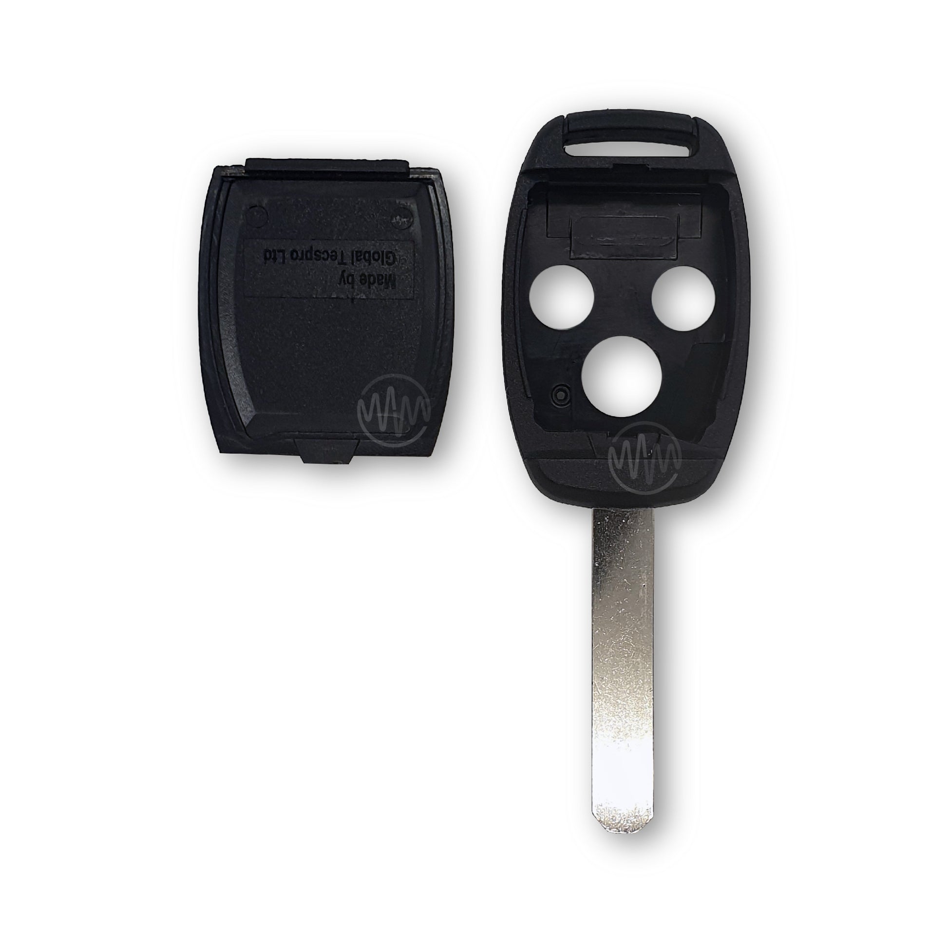 Inside of replacement black car key shell with metal key blade attached for Honda