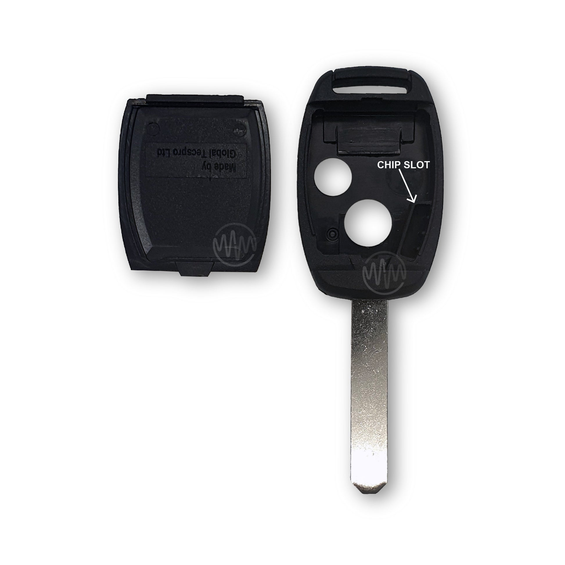 Inside of replacement black car key shell with metal key blade attached for Honda