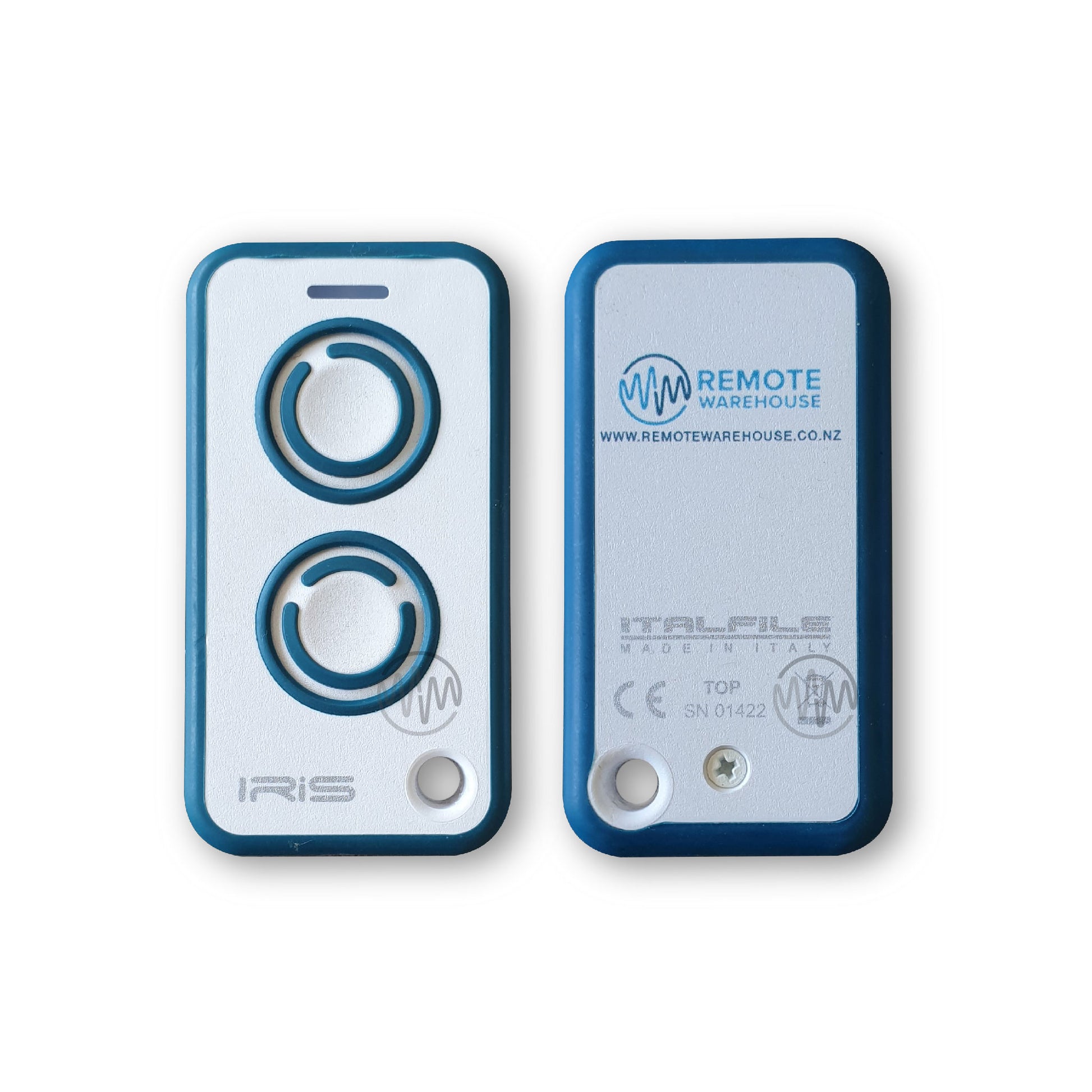 Front & back view of White & Teal IRIS universal garage gate remote