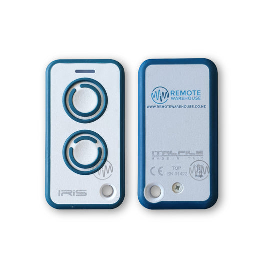 Front & back view of White & Teal IRIS universal garage gate remote