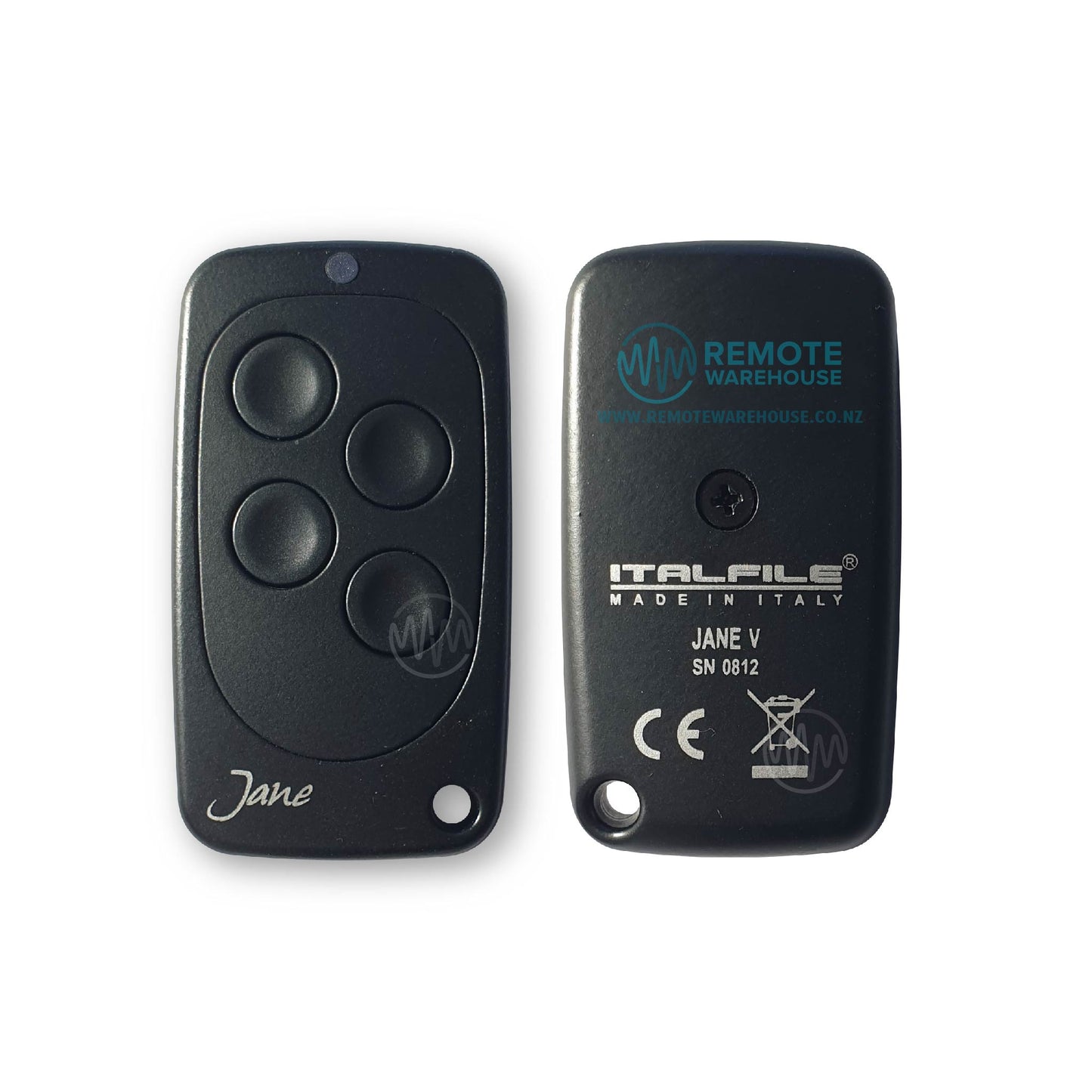 Front & Back view of Black Jane garage & gate remote with 4 black circle buttons