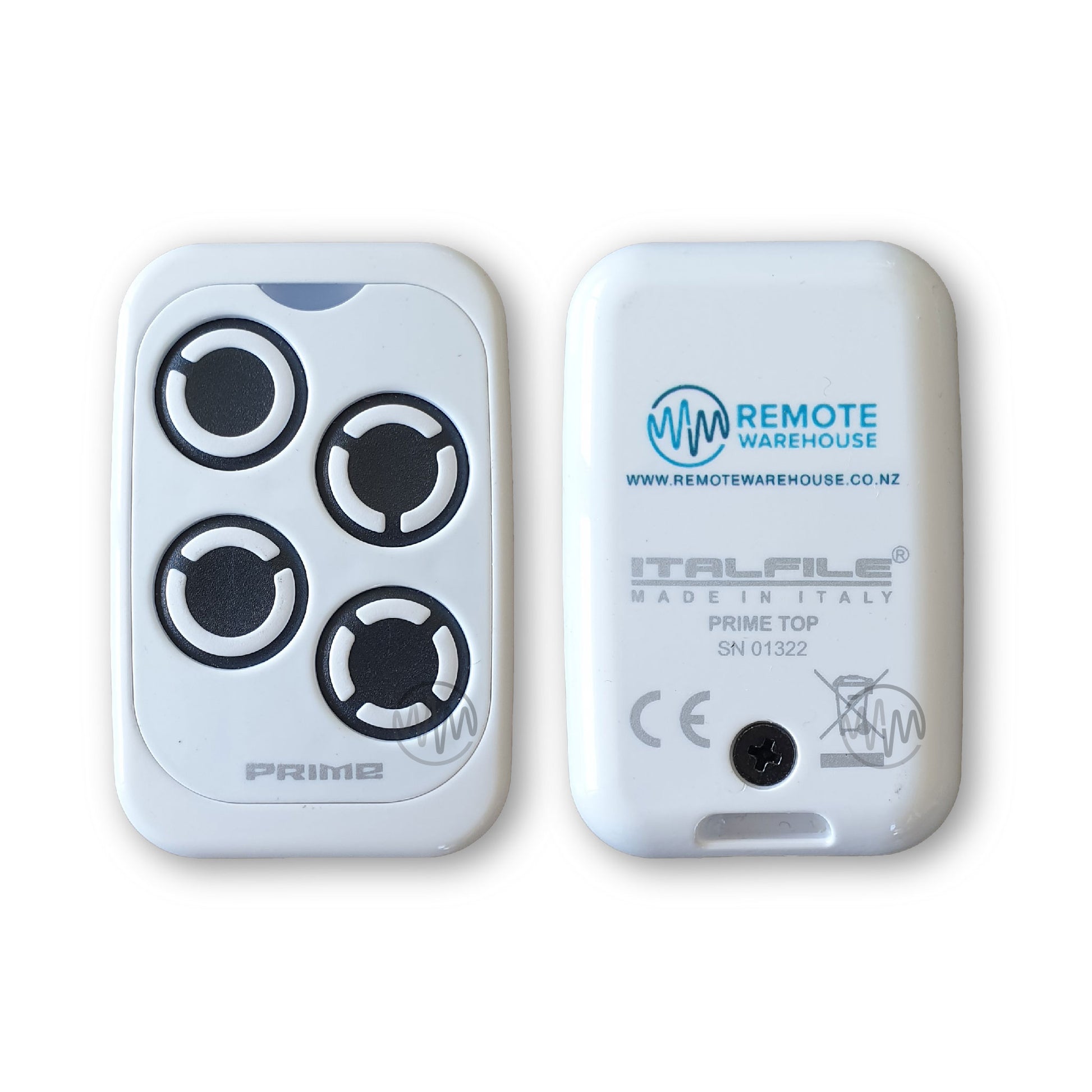 Front & back view of White 4 button PRIME Universal garage & gate remote