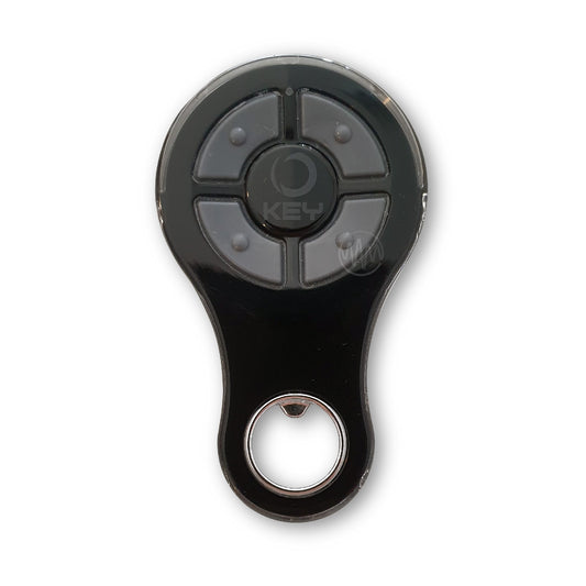 Shiny Black Key branded bottle opener shape Garage & Gate remote with 4 grey segmented buttons