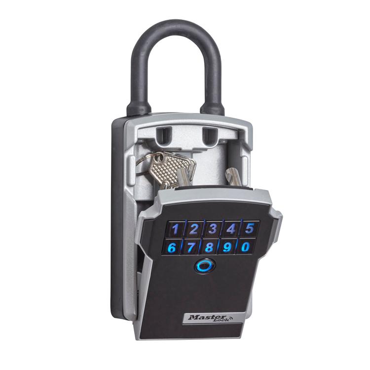 Master Lock black & silver Bluetooth lock box with blue digit keypad & shackle half open