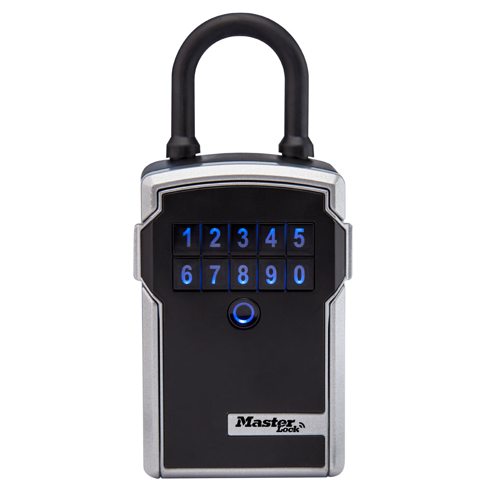 Master Lock black & silver Bluetooth lock box with blue digit keypad & shackle front