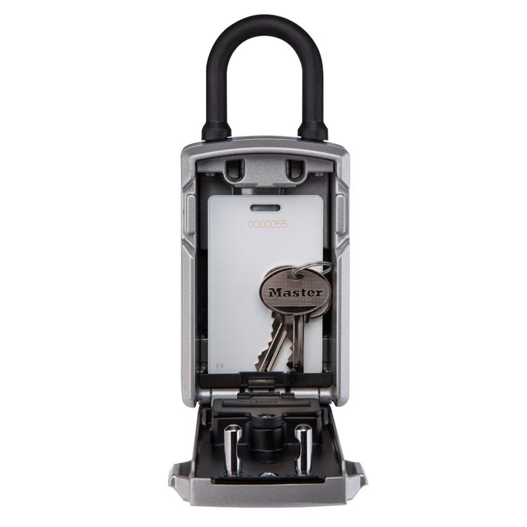 Master Lock black & silver Bluetooth lock box with blue digit keypad & shackle open