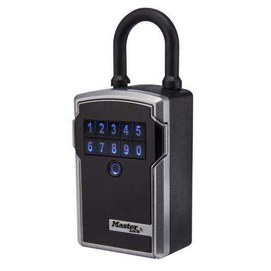 Master Lock black & silver Bluetooth lock box with blue digit keypad & shackle half side