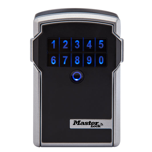 Master Lock black & silver Bluetooth lock box with blue digit keypad Front