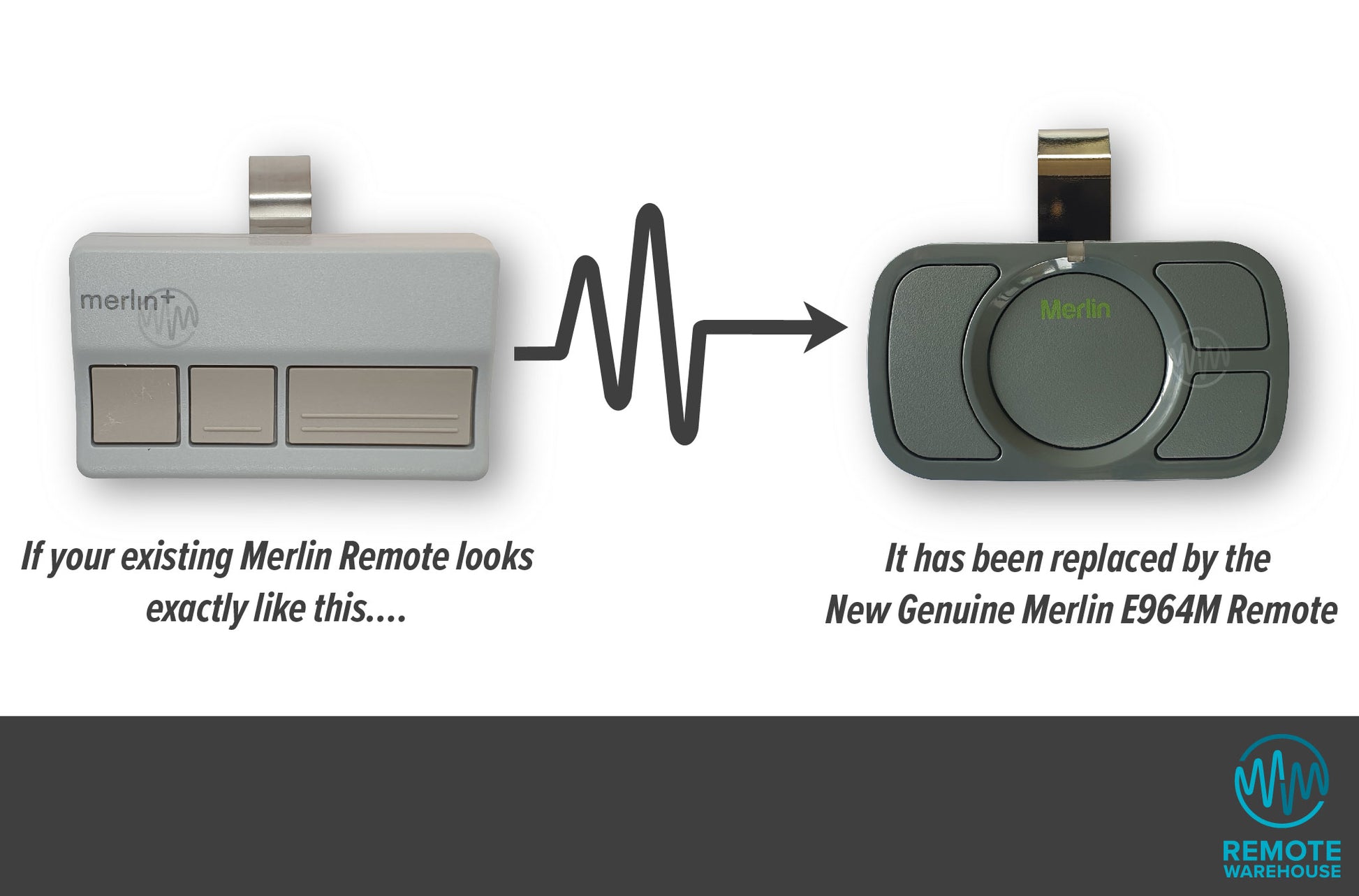 Merlin+ branded 3 button sun visor remote is replaced with Merlin E964M grey 4 button sun visor remote