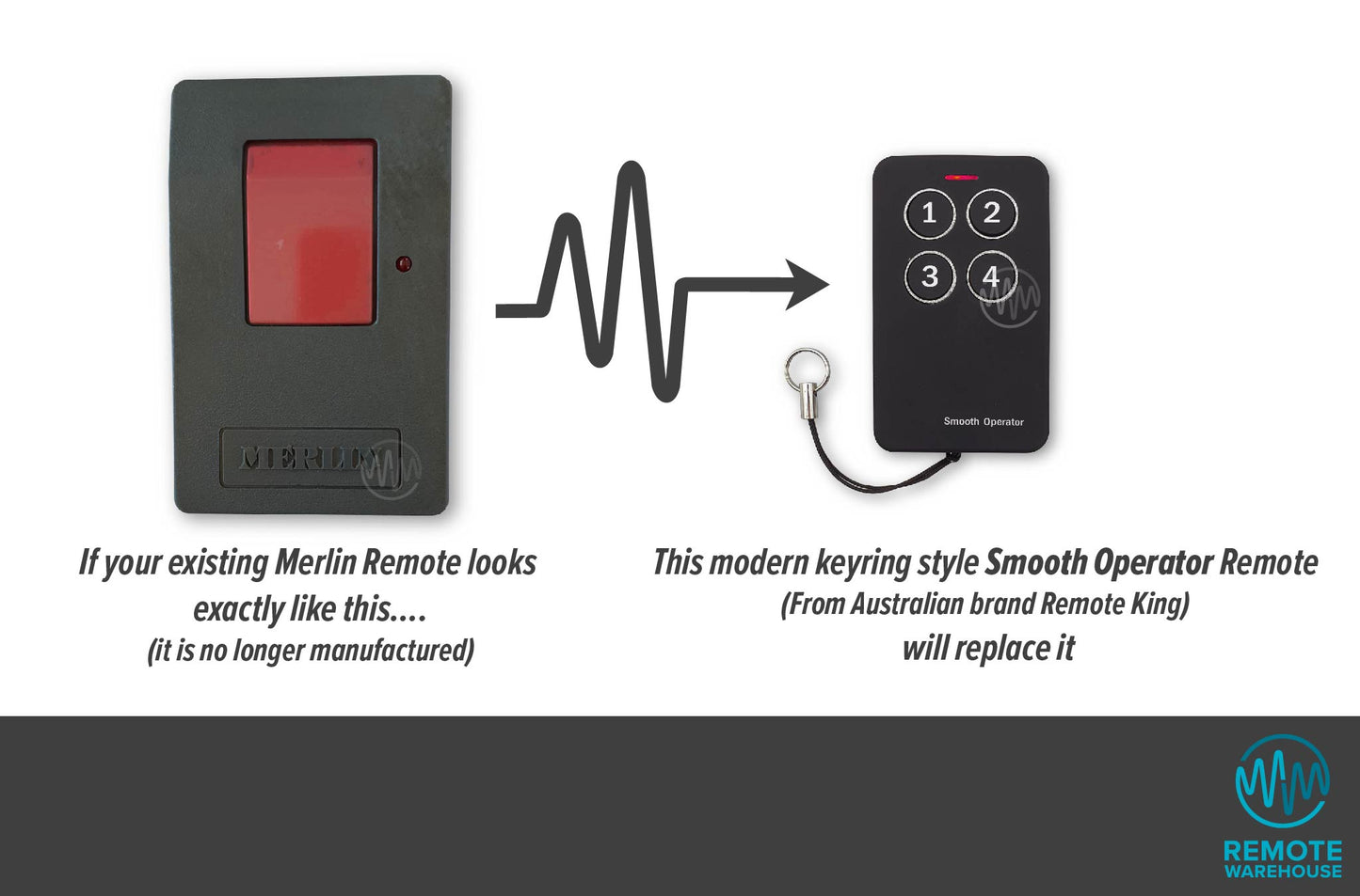 Merlin model 1000 large grey remote with red rectangle button is replaced with black & silver small smooth operator remote