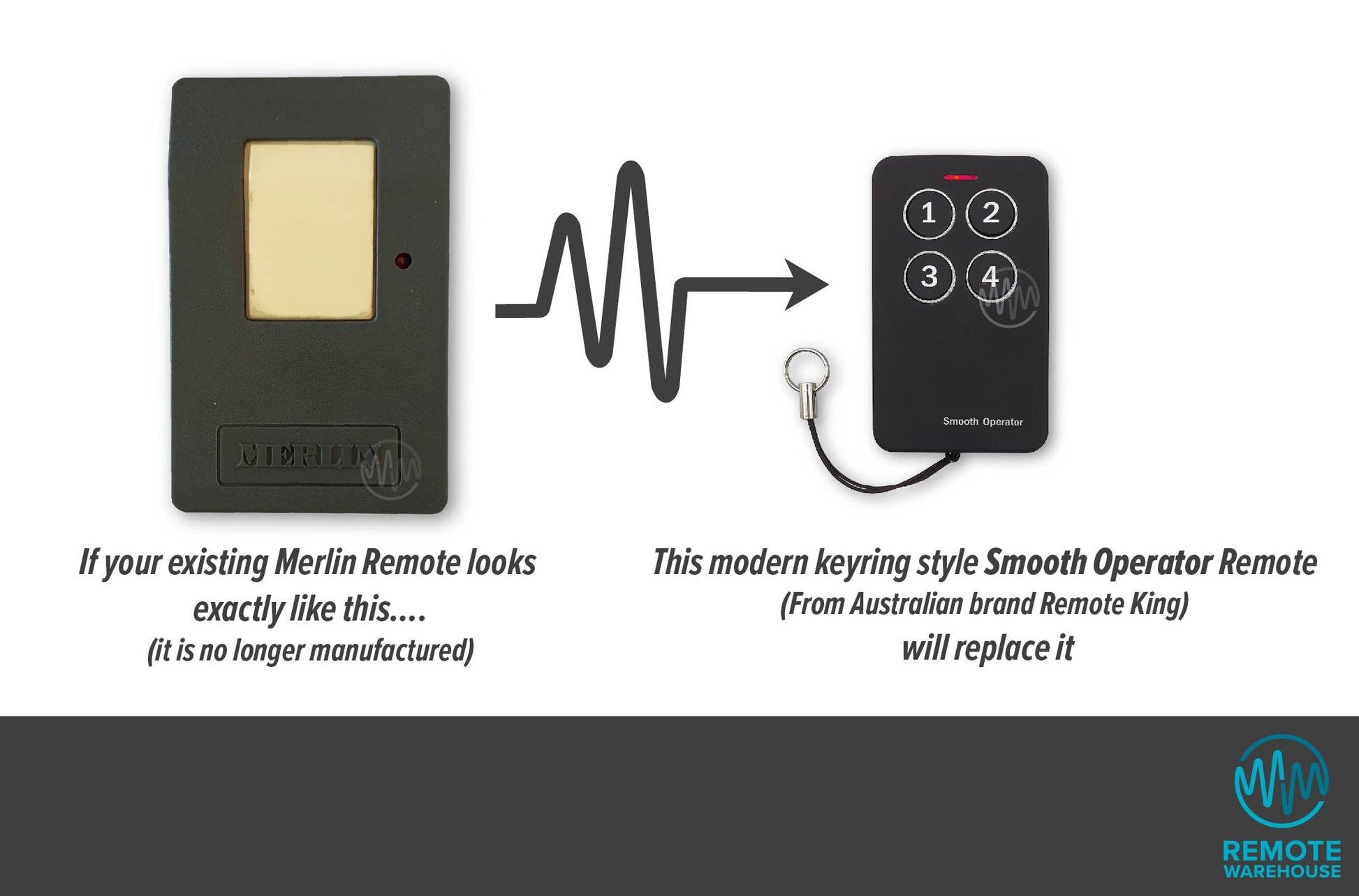 Merlin model 2000 large grey remote with white rectangle button is replaced with black & silver small smooth operator remote