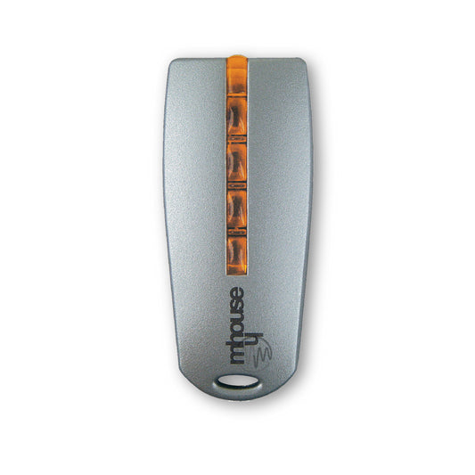 Mhouse long silver gate remote with long clear orange buttons running down middle