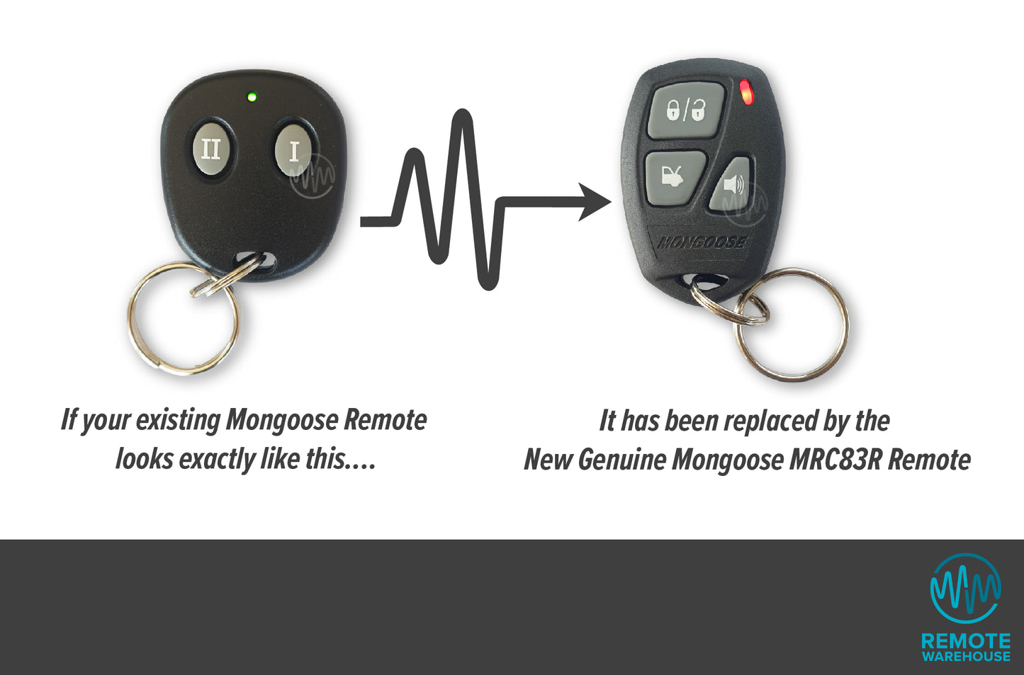 Small rounded 2 roman numeral mongoose remote is replaced with Mongoose MRC83R 2 button red led car alarm remote