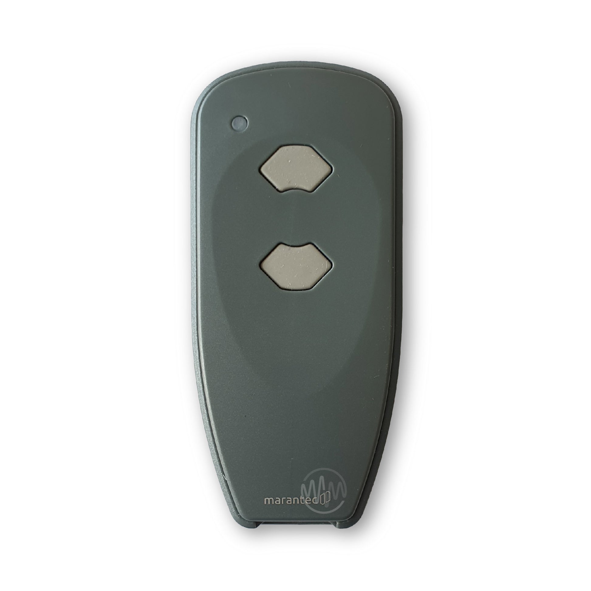 Long thin dark grey Marantec Digital 382 garage & gate remote control with 2 grey rubber buttons