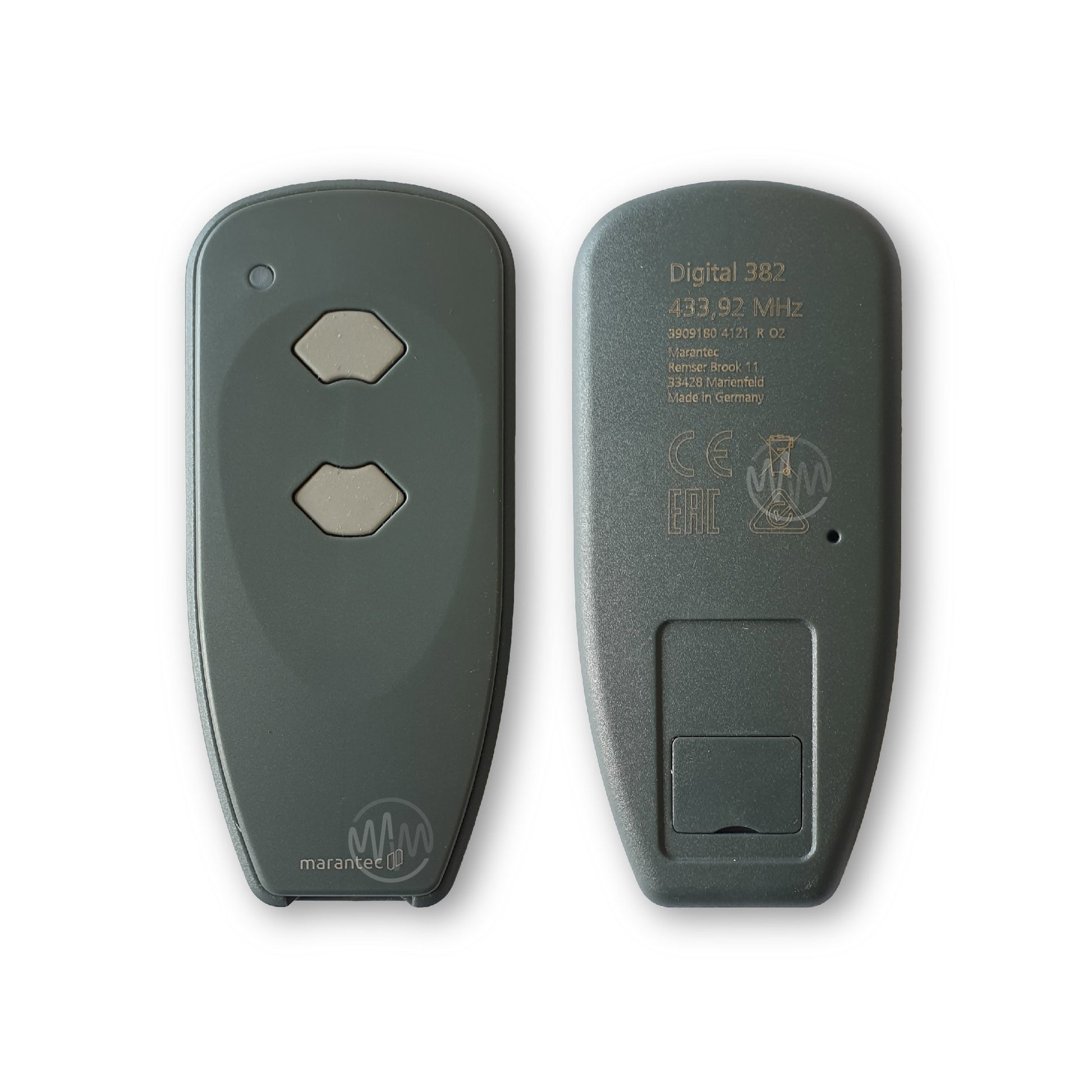 Long thin dark grey Marantec Digital 382 garage & gate remote control with 2 grey rubber buttons - Front & Back view